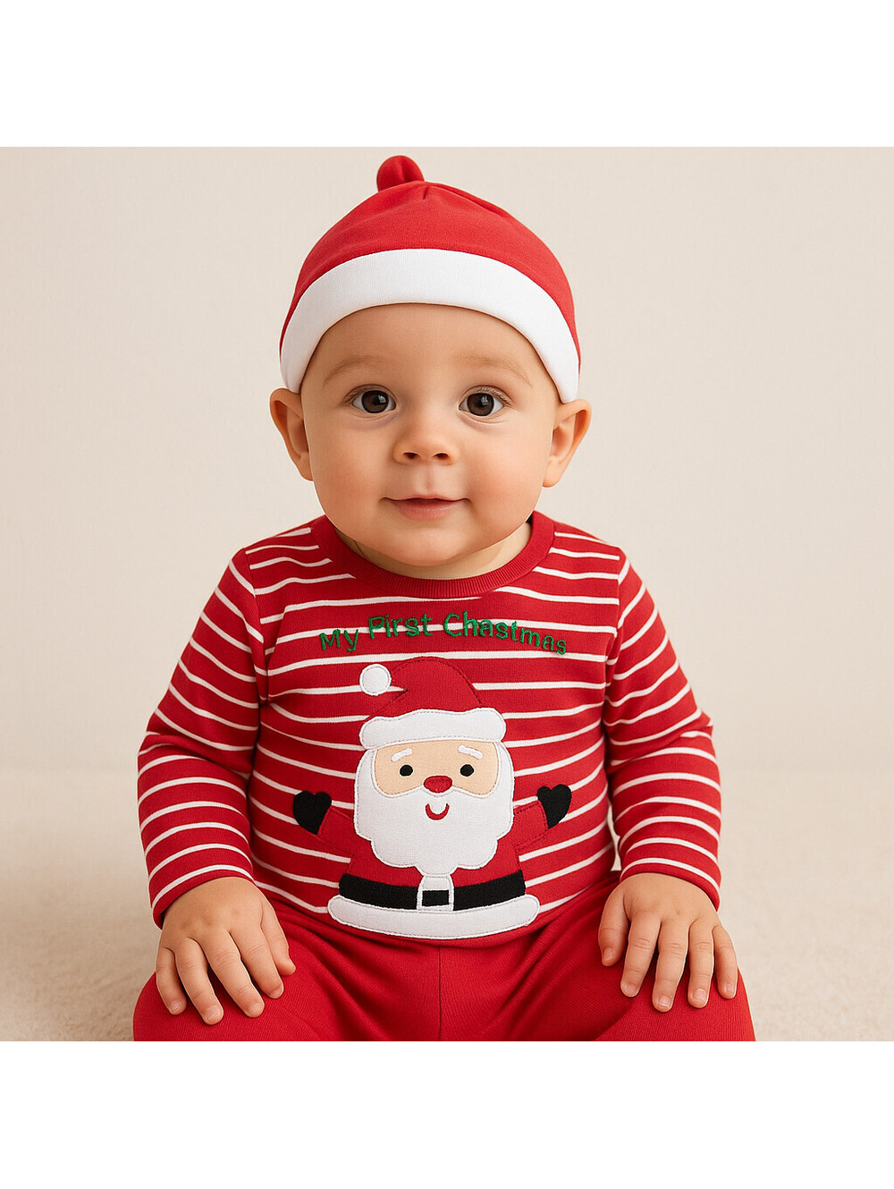 Little Me Boys 3 Pc Set "My First Christmas" Red Santa Joggers With Hat 3 Months